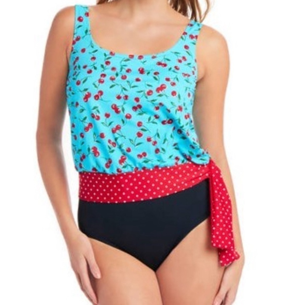 Catalina cherry print colorblock one piece swimsuit size 2XL